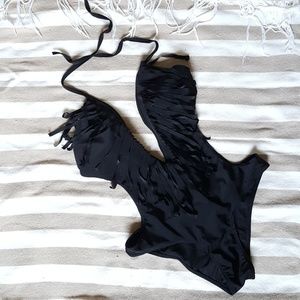 Plunging neckline fringe monokini